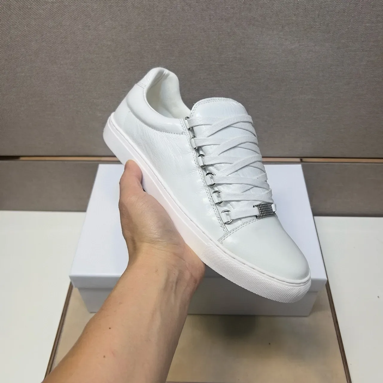 All-White Low-Top Crinkled Leather Sneaker 6