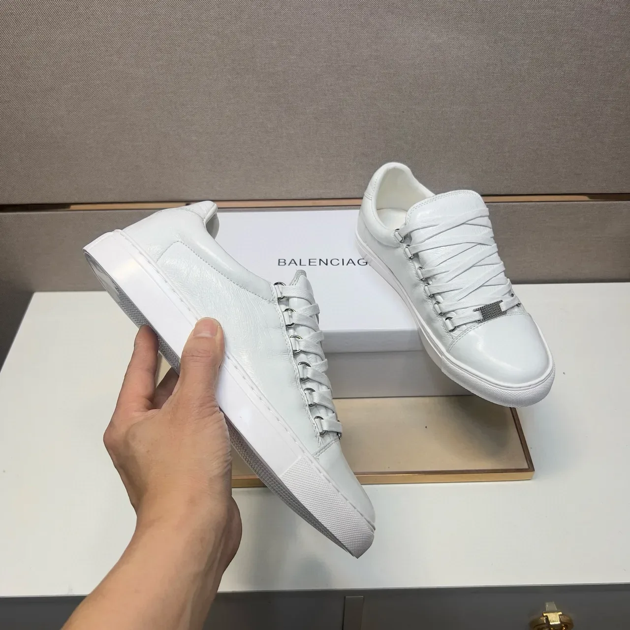 All-White Low-Top Crinkled Leather Sneaker 7