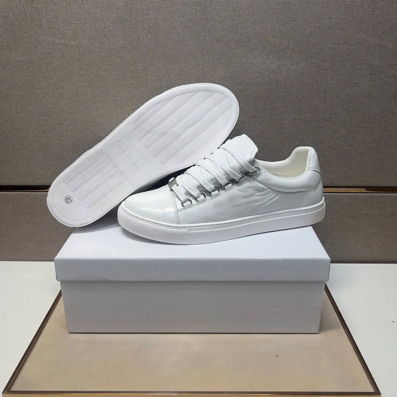 All-White Low-Top Crinkled Leather Sneaker 8