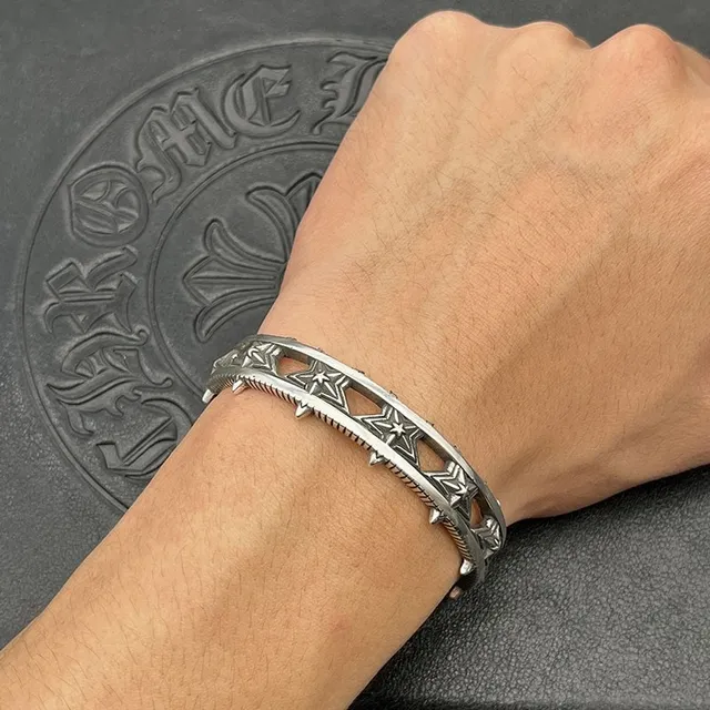 Antiqued Silver Star-Embossed Spiked Cuff Bracelet 2