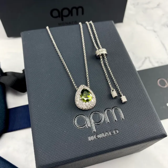apm Monaco Silver Green Teardrop Pendant Pavé Halo Necklace 6