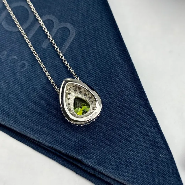 apm Monaco Silver Green Teardrop Pendant Pavé Halo Necklace 7