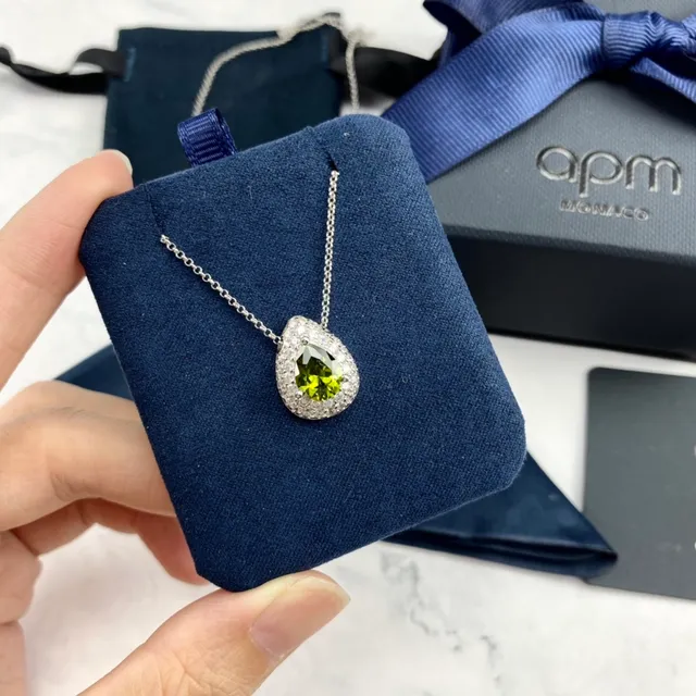 apm Monaco Silver Green Teardrop Pendant Pavé Halo Necklace 9