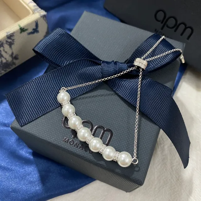 APM Monaco White Silver Y-Shaped Chain Pearl Bar Pendant Necklace 5