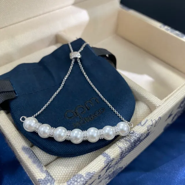 APM Monaco White Silver Y-Shaped Chain Pearl Bar Pendant Necklace 7