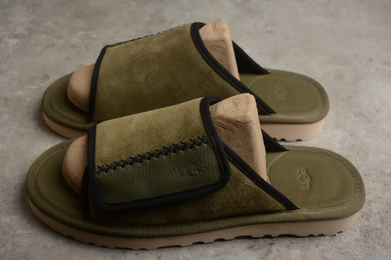 Army Green Beige Olive Suede Upper Black-Trimmed Strap Slippers 8