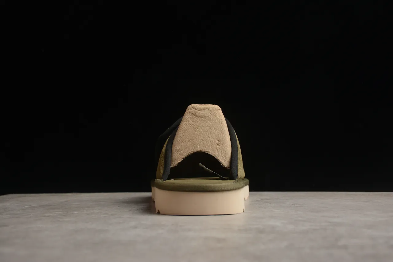 Army Green Beige Olive Suede Upper Black-Trimmed Strap Slippers 9