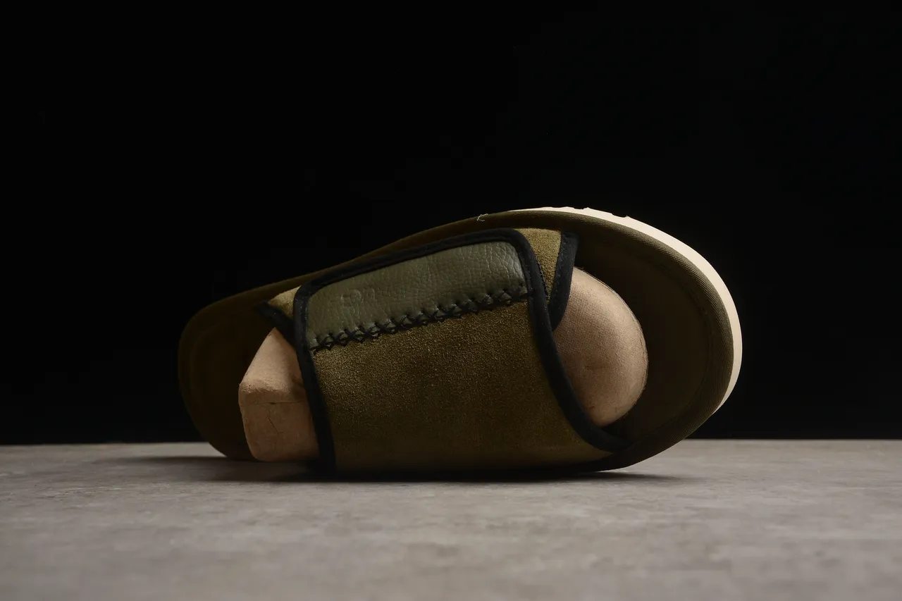 Army Green Beige Olive Suede Upper Black-Trimmed Strap Slippers 11
