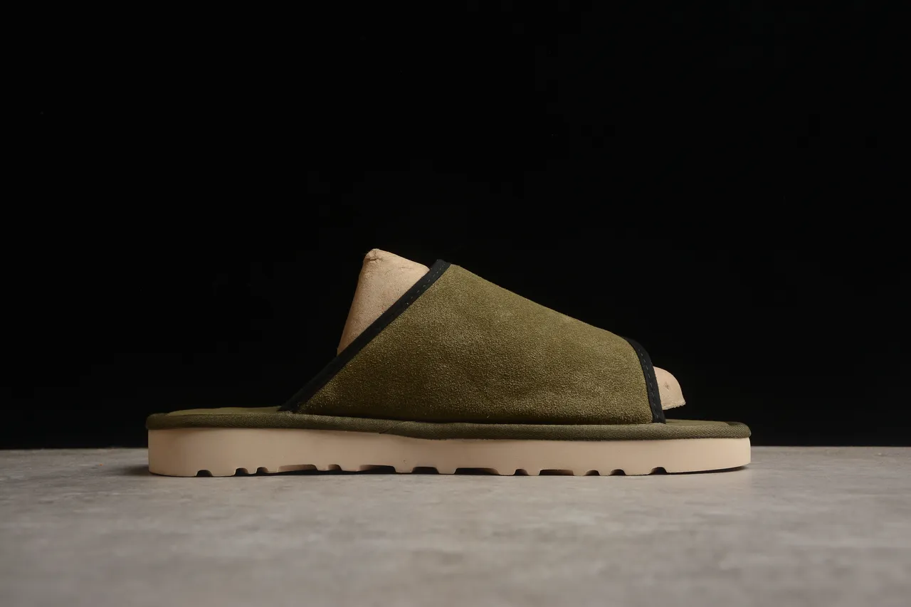 Army Green Beige Olive Suede Upper Black-Trimmed Strap Slippers 12