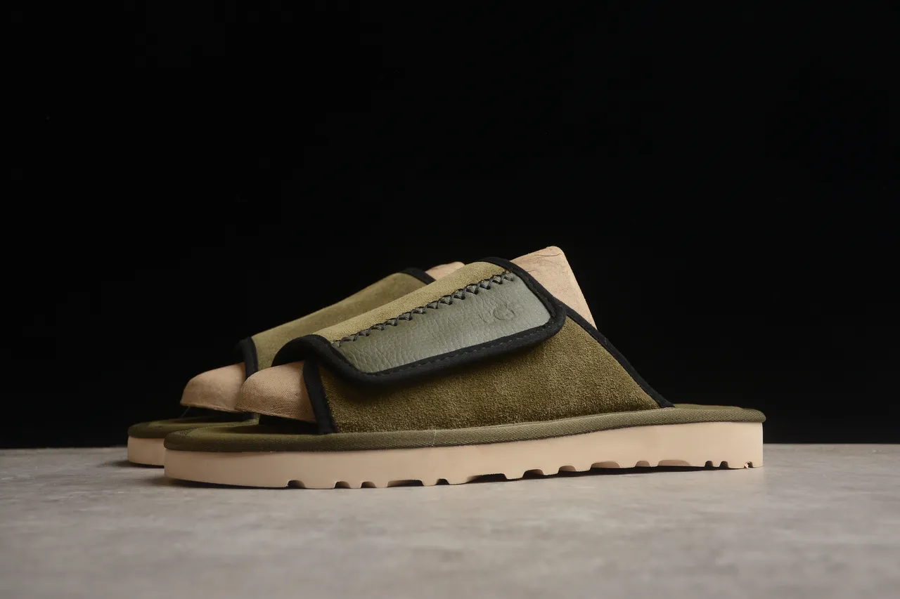 Army Green Beige Olive Suede Upper Black-Trimmed Strap Slippers 13