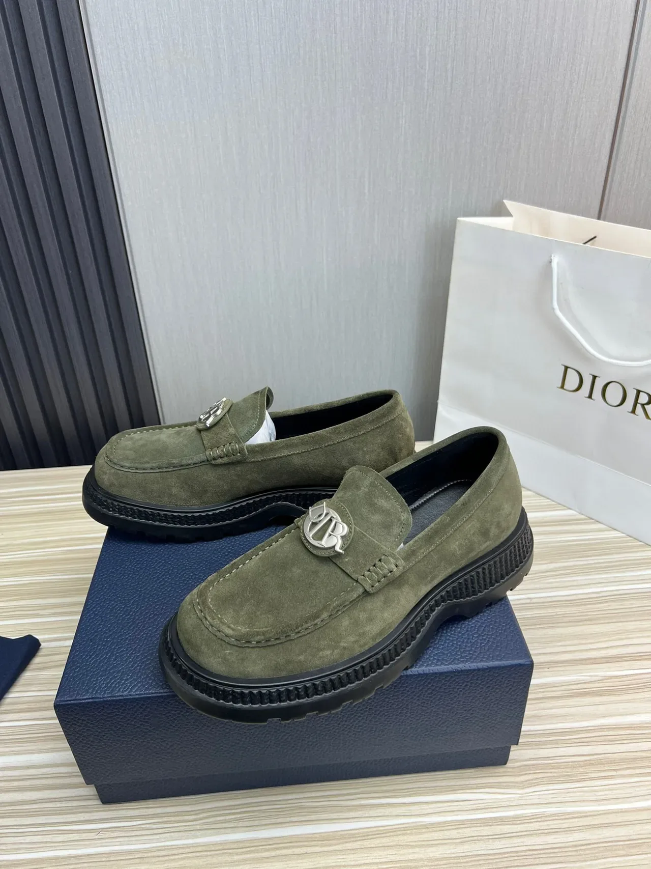 Army Green Black Suede Upper Metal Logo Medallion Loafer 2