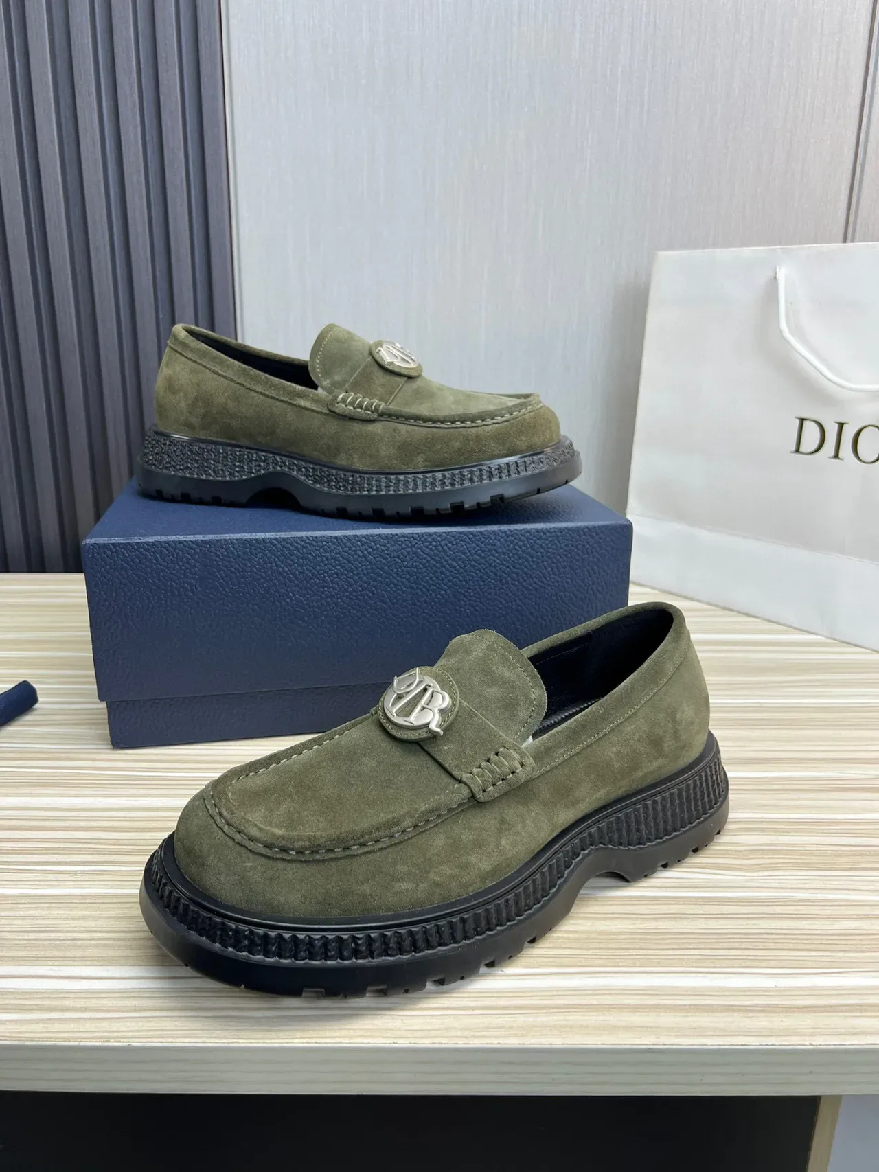 Army Green Black Suede Upper Metal Logo Medallion Loafer 3