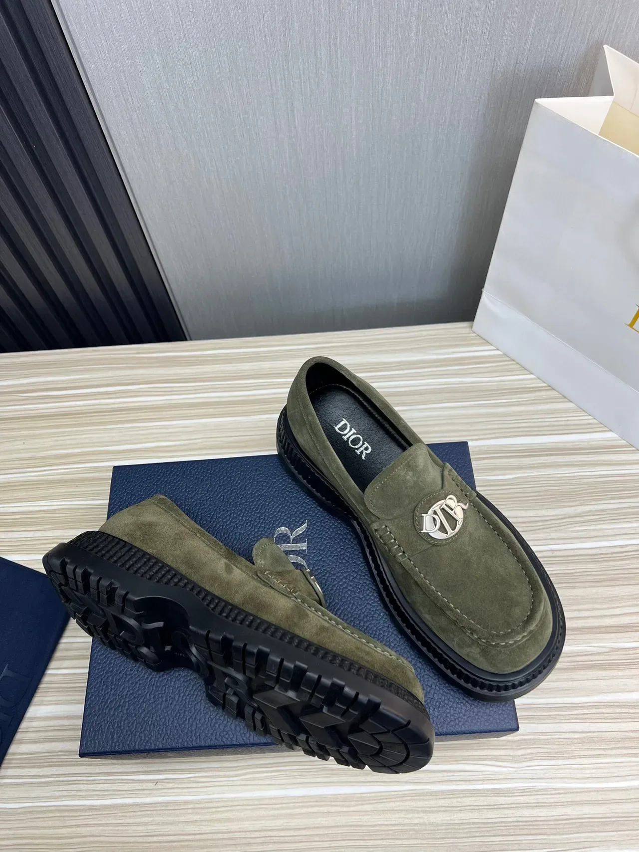 Army Green Black Suede Upper Metal Logo Medallion Loafer 5
