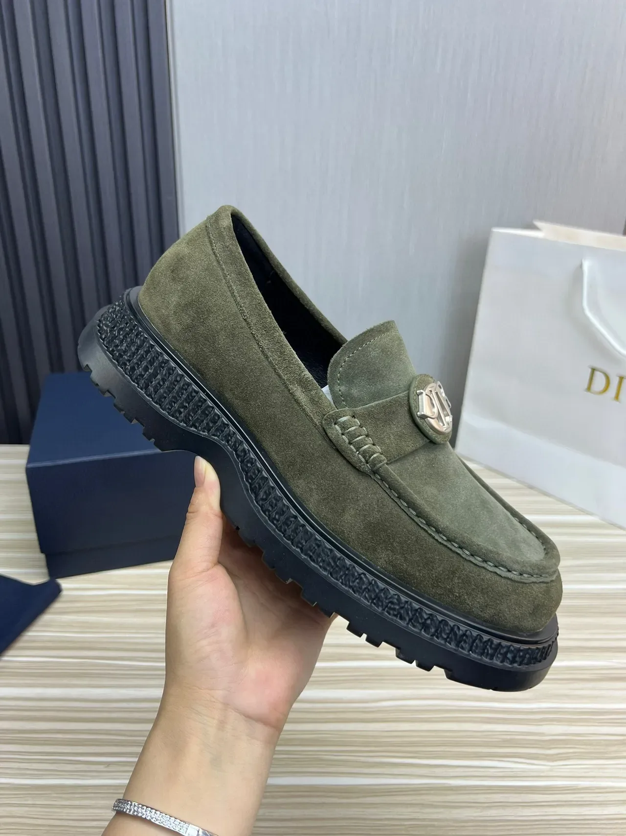 Army Green Black Suede Upper Metal Logo Medallion Loafer 6