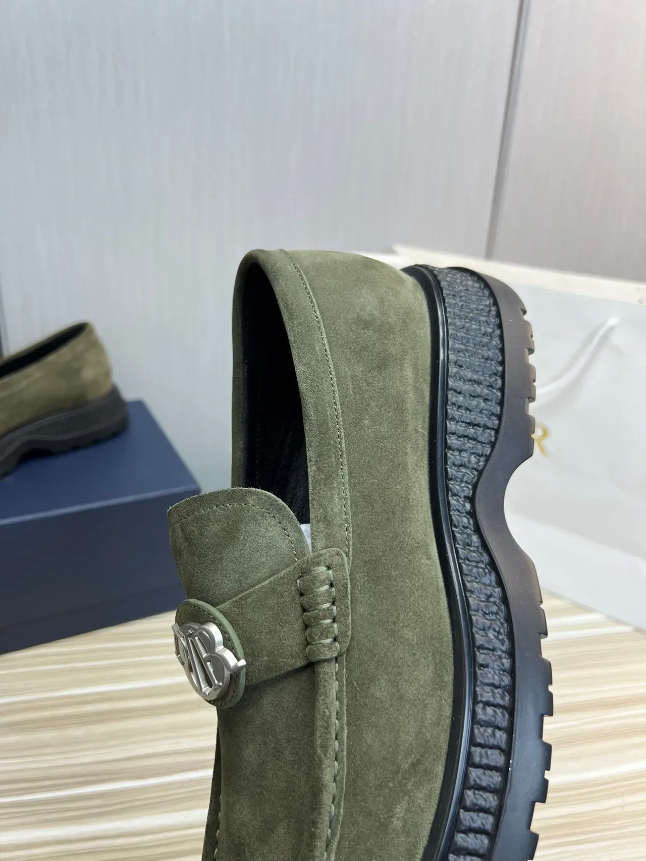 Army Green Black Suede Upper Metal Logo Medallion Loafer 7