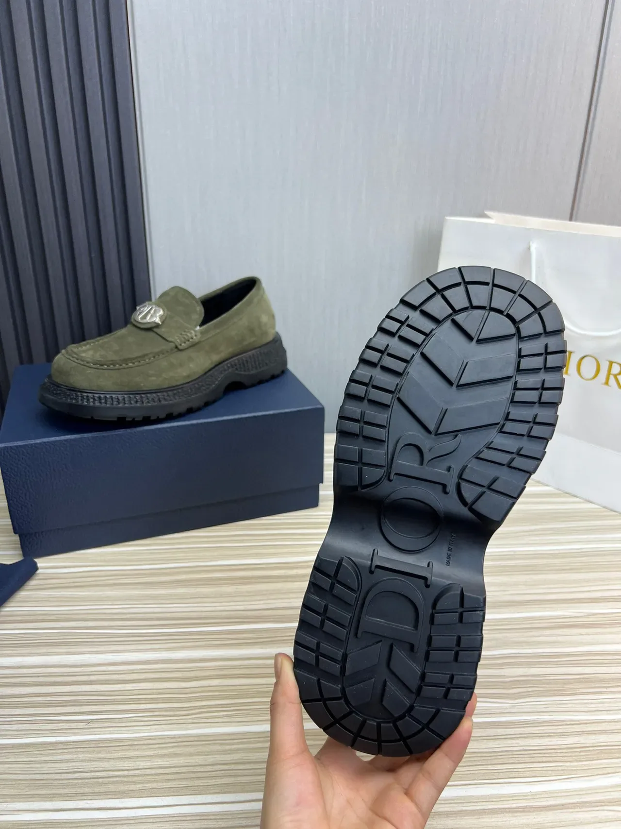 Army Green Black Suede Upper Metal Logo Medallion Loafer 8