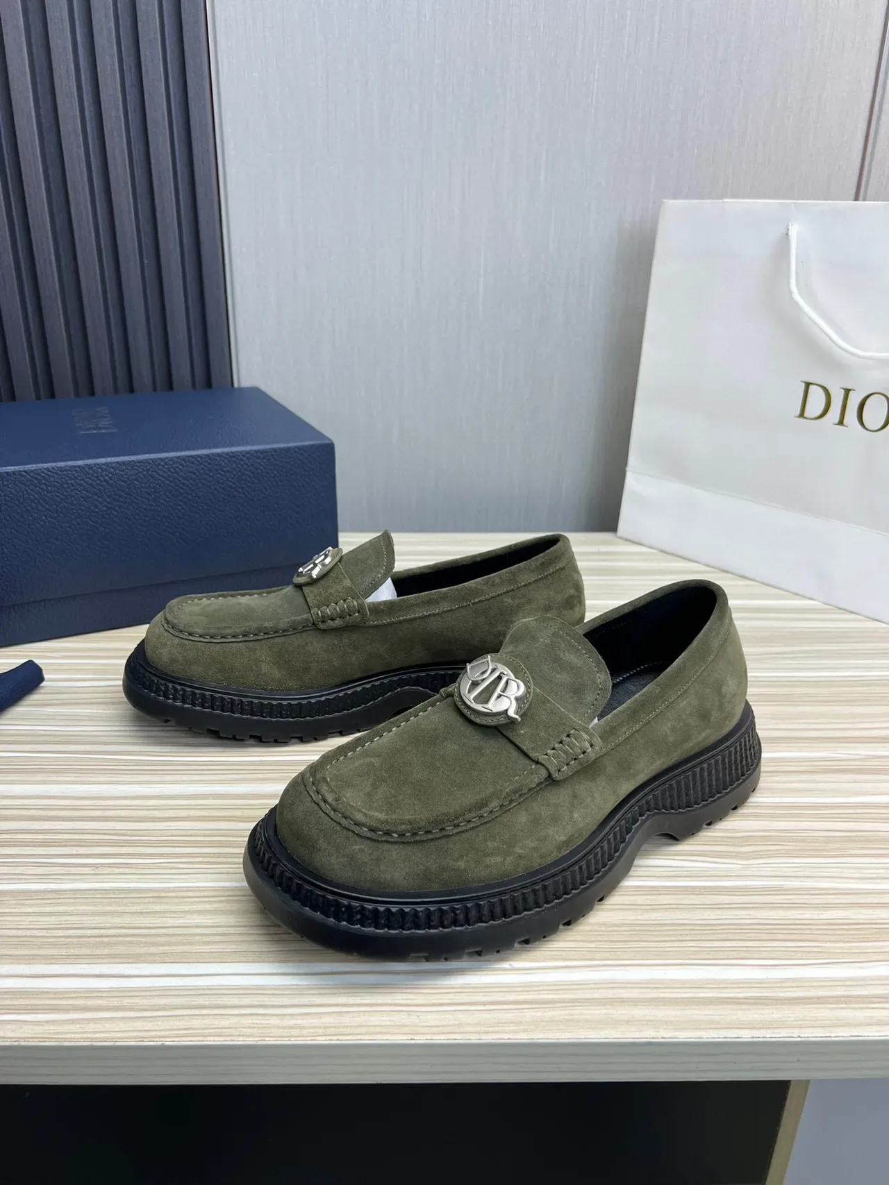 Army Green Black Suede Upper Metal Logo Medallion Loafer 9