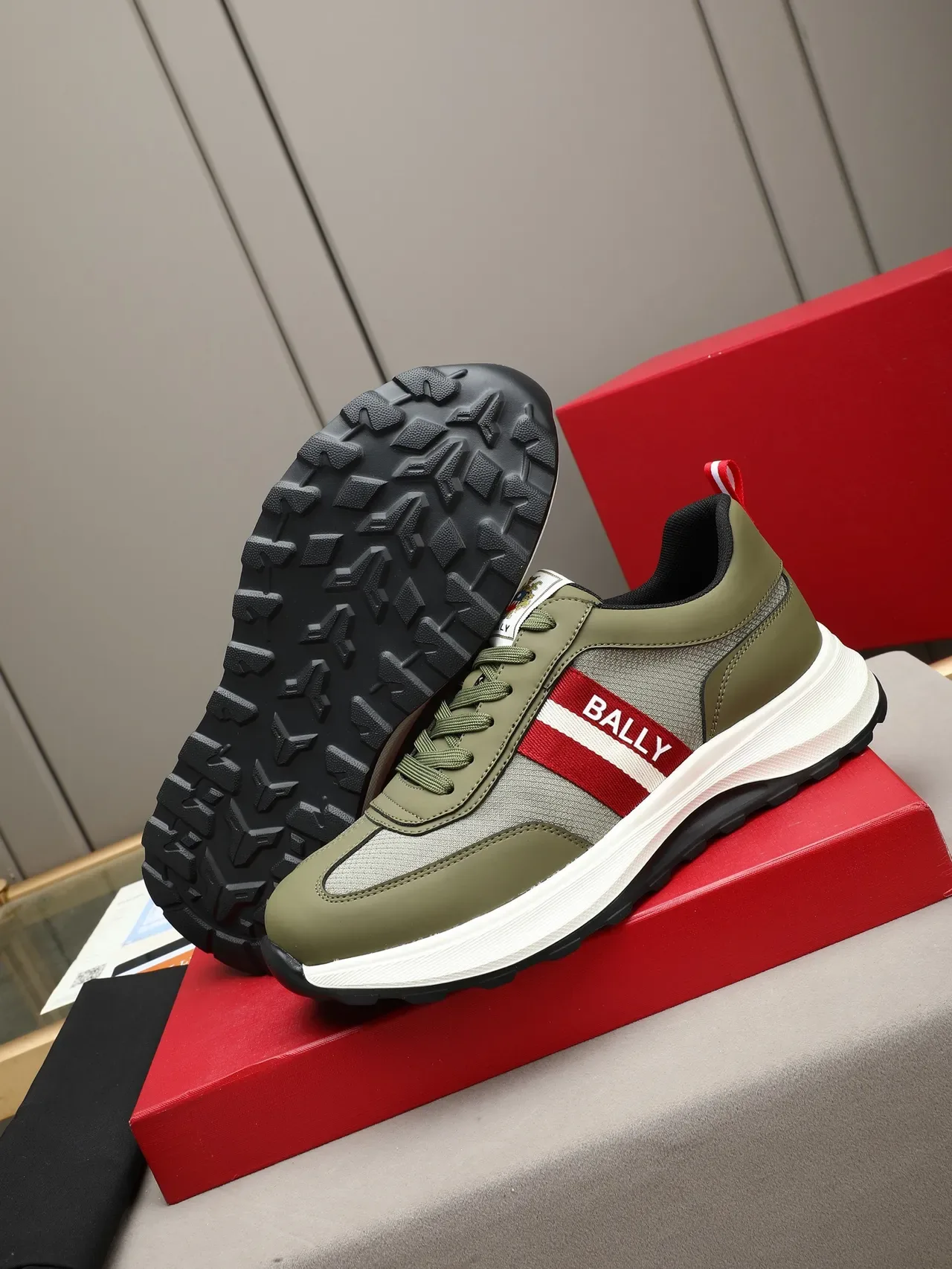Bally Army Green Red Olive Cuir-Maille Híbrido Supérieur Rayures de Marque Sneakers Lifestyle 4