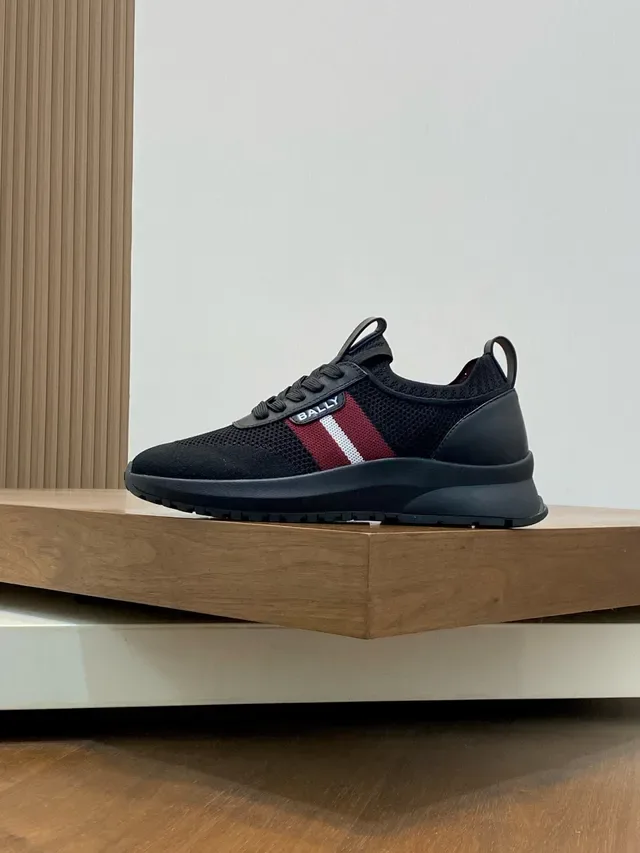 Bally Black Red Knit Mesh Upper Side Stripe Accent Sneakers 3