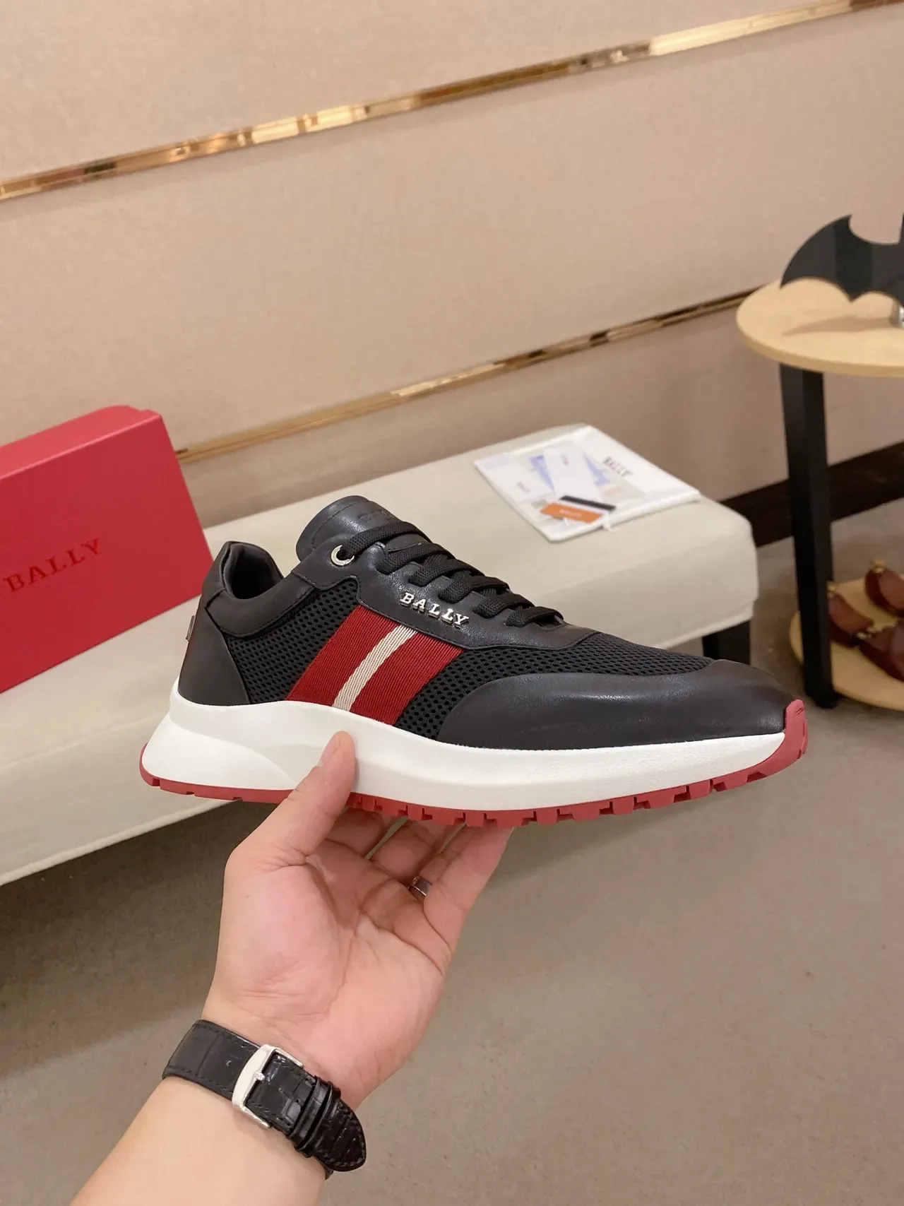 Bally Black Red Leather And Mesh Upper Striped Side Panel Sneakers 5