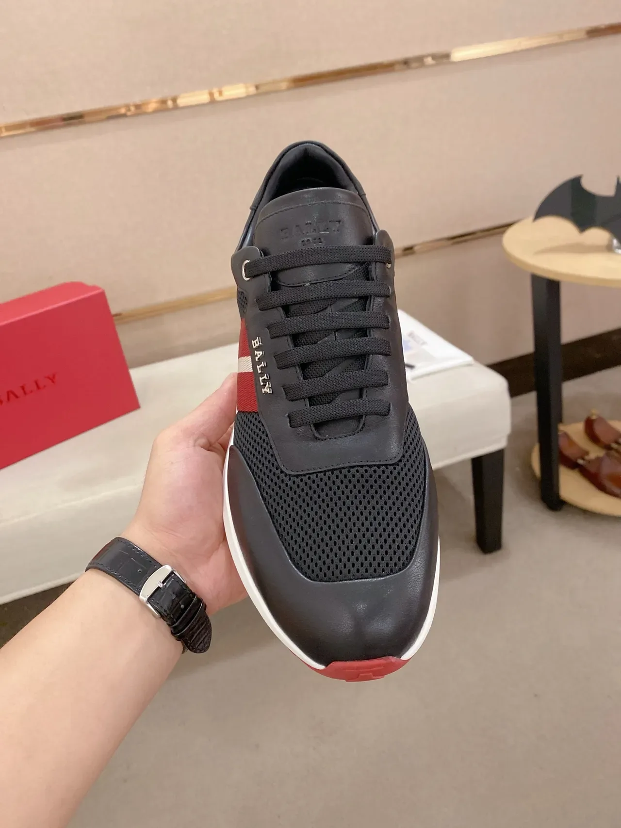 Bally Black Red Leather And Mesh Upper Striped Side Panel Sneakers 6