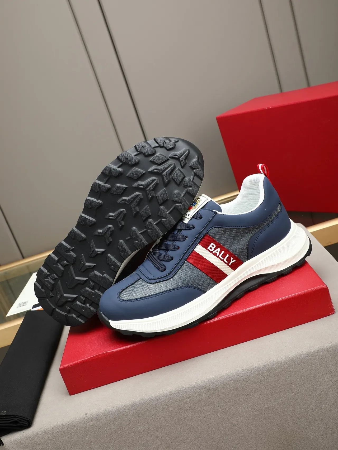 BALLY Navy Red Gray Mesh-Synthetic Upper Branded Side Stripe Sneakers 4