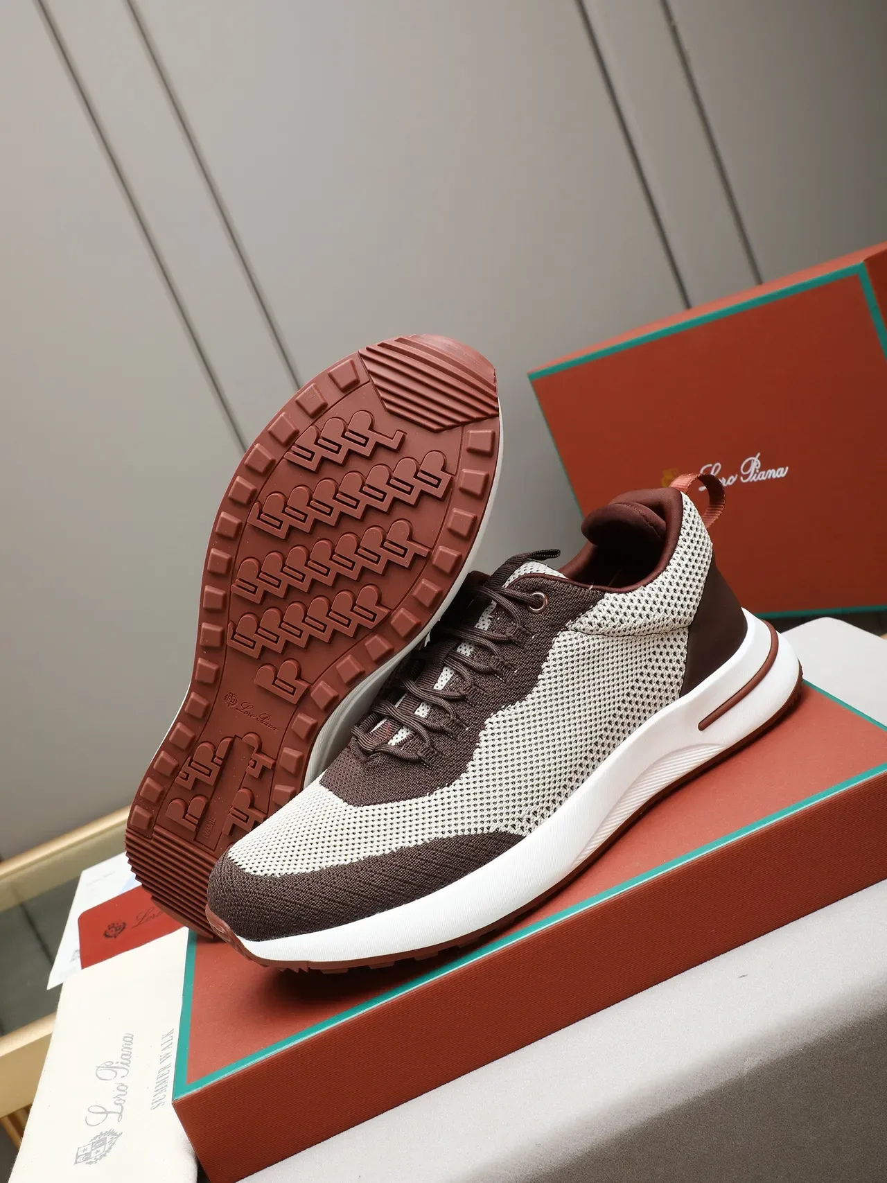Beige and Brown Knit Mesh Low-Top Lifestyle Sneaker 4