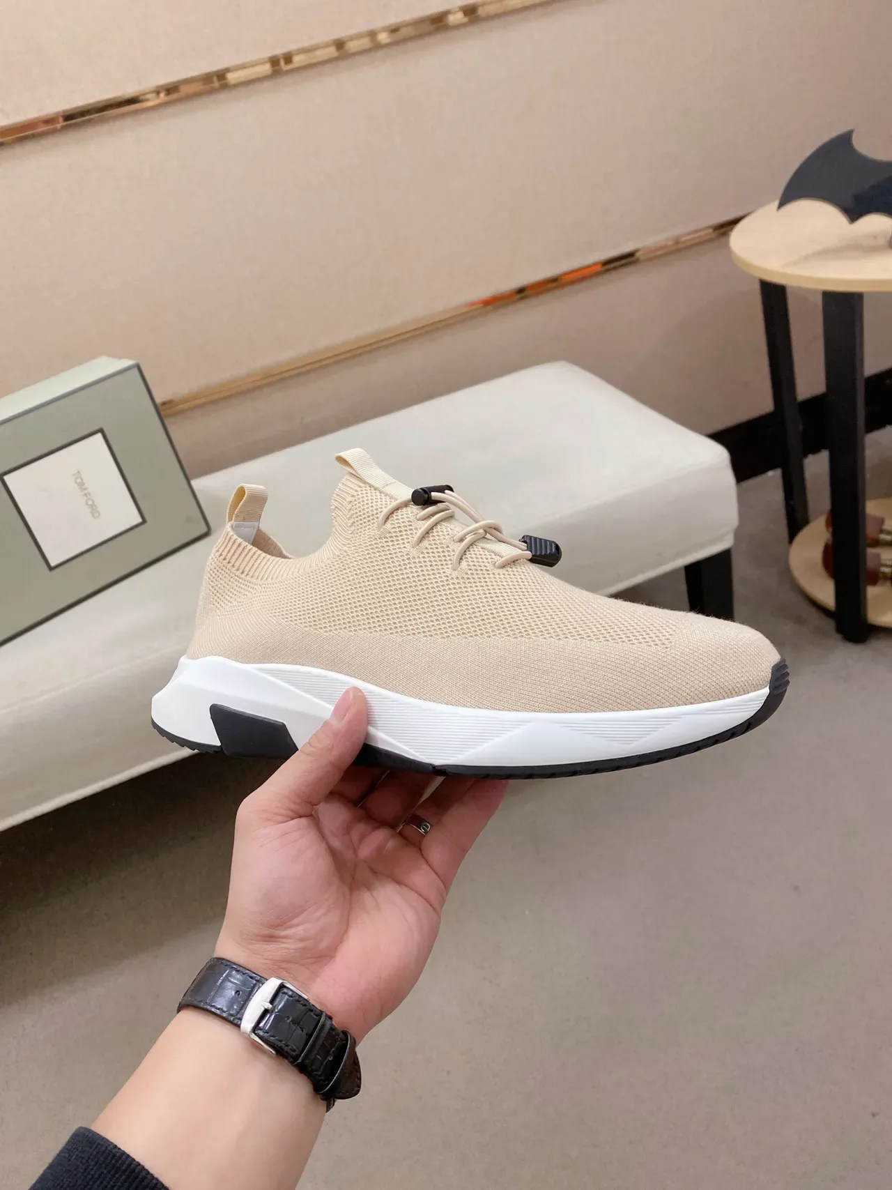 Beige Black Knit Sock-Fit Upper Toggle-Cord Closure Sneakers 4