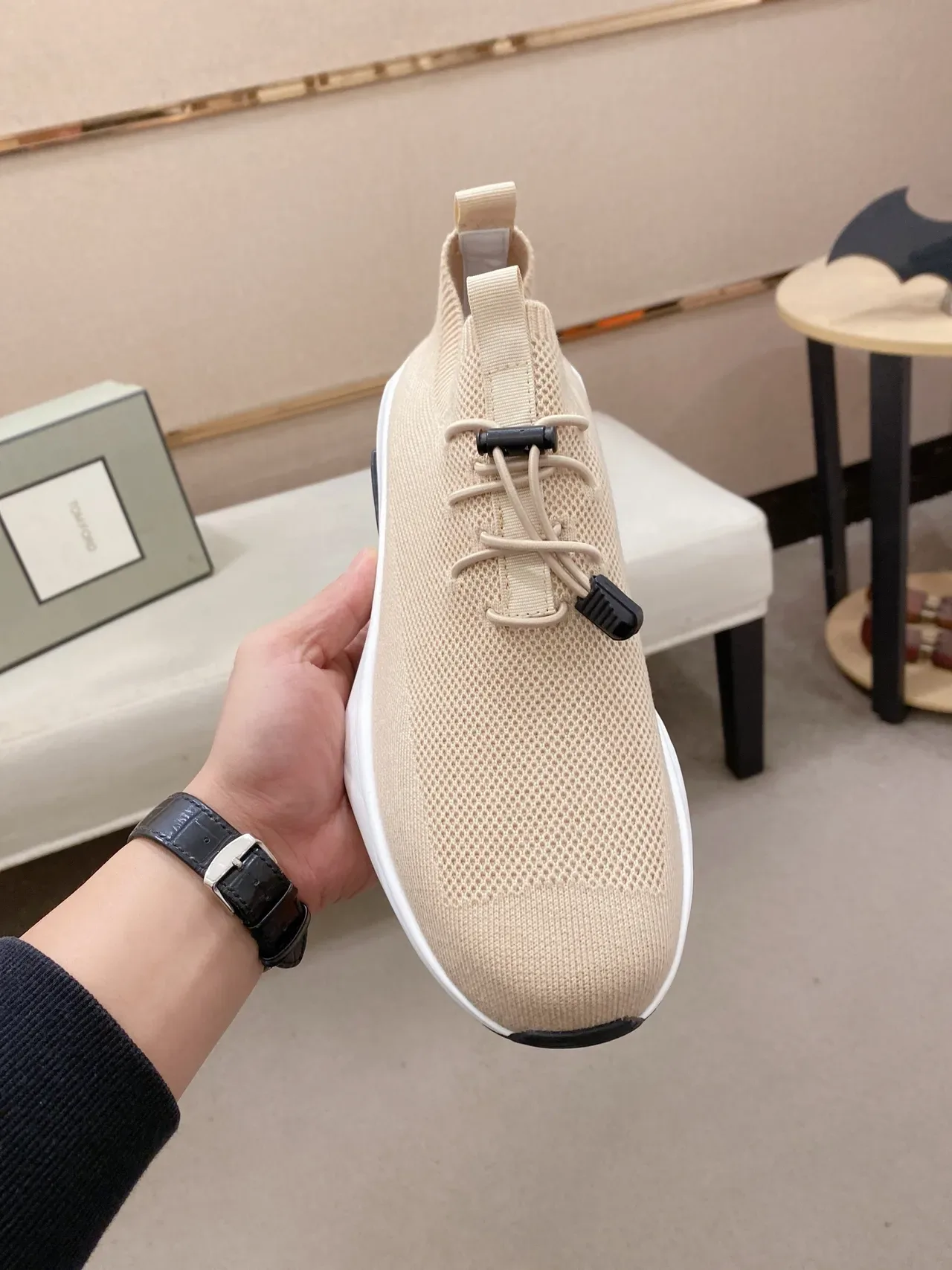 Beige Black Knit Sock-Fit Upper Toggle-Cord Closure Sneakers 5