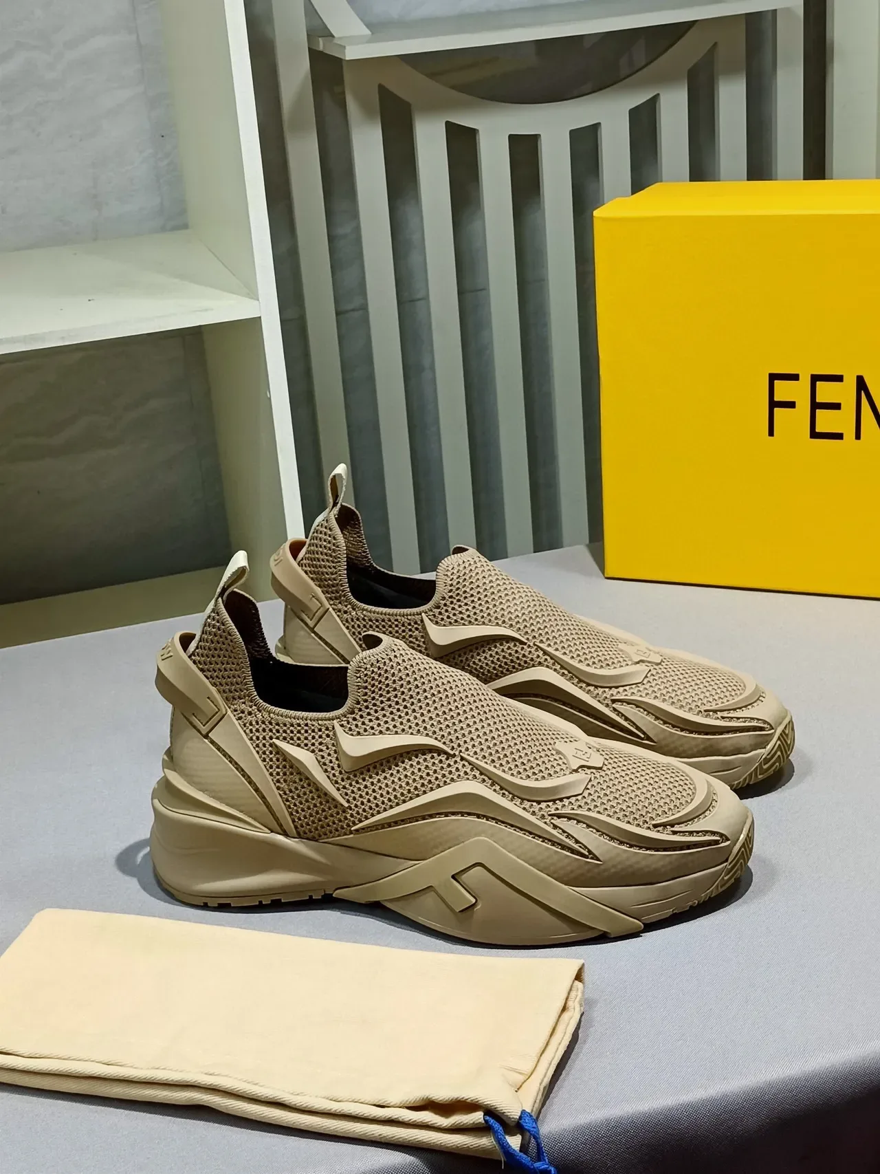 Beige Black Slip-On Knit Mesh Upper Sneakers 2