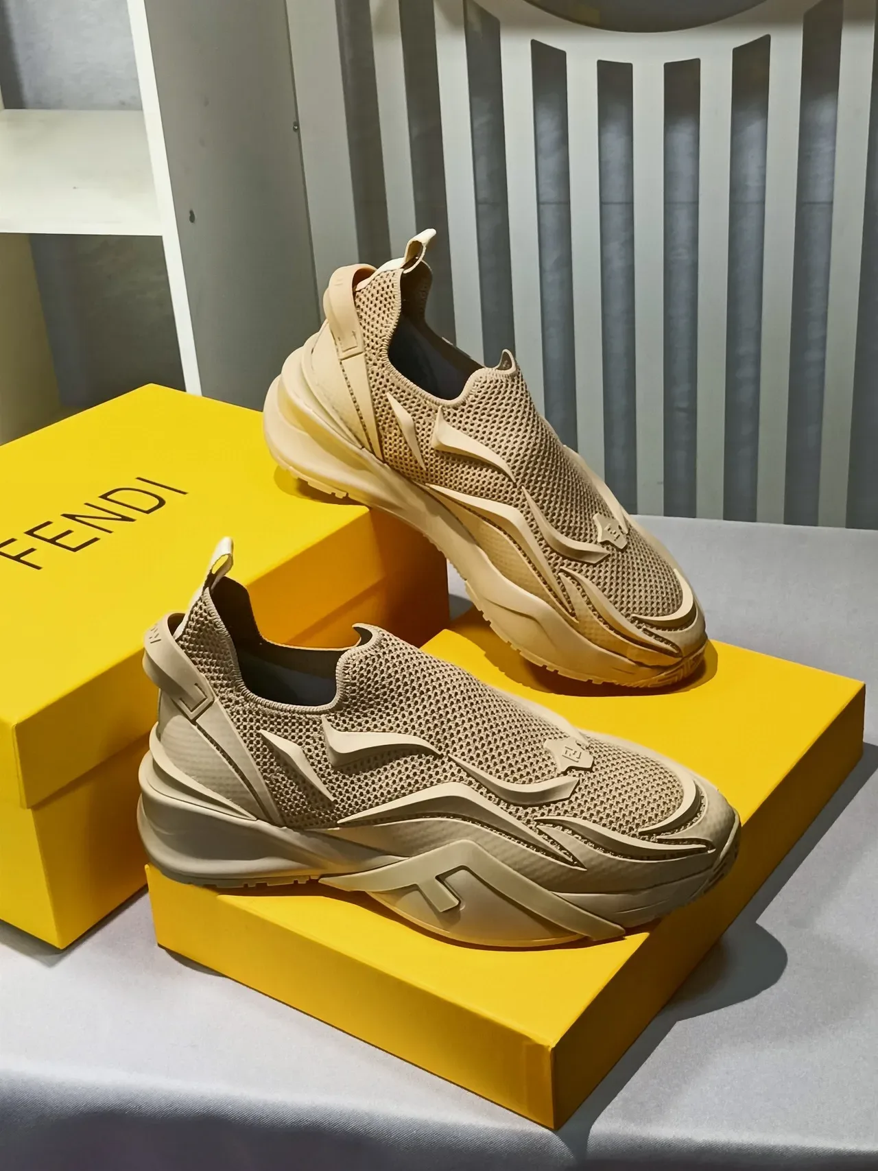Beige Black Slip-On Knit Mesh Upper Sneakers 4