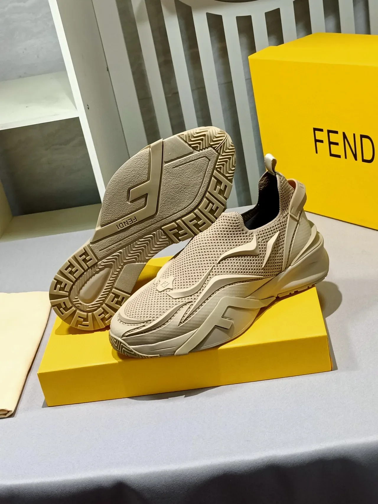 Beige Black Slip-On Knit Mesh Upper Sneakers 7