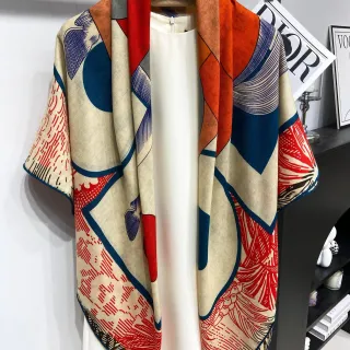 Beige Blue Geometric Abstract Print Double-Faced Construction Shawl