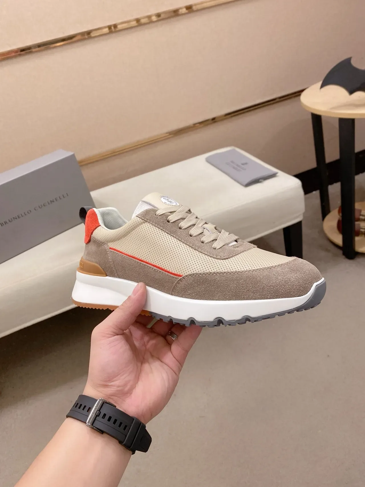 Beige Brown Perforated Mesh And Suede Panel Construction Sculpted White Midsole Sneakers 4