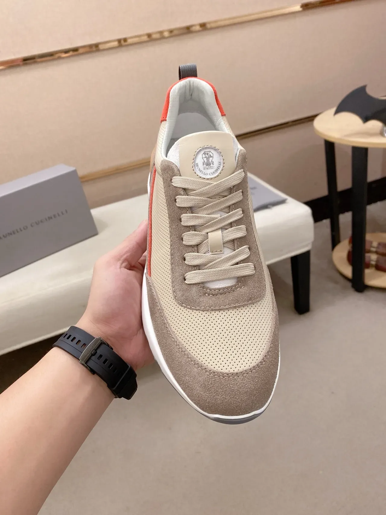 Beige Brown Perforated Mesh And Suede Panel Construction Sculpted White Midsole Sneakers 5