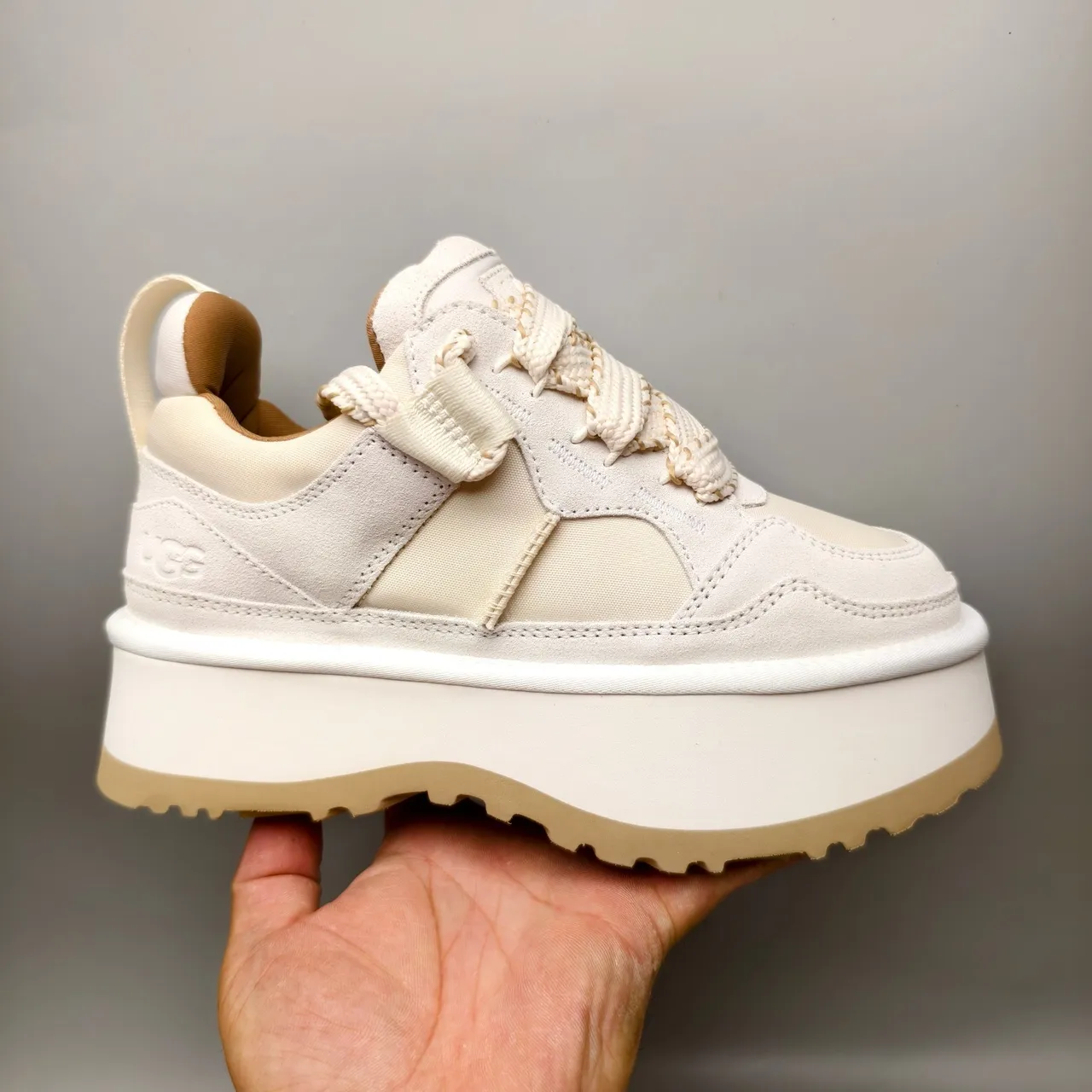 Beige Brown Platform Sole Mixed Suede-Mesh Upper Sneakers 2