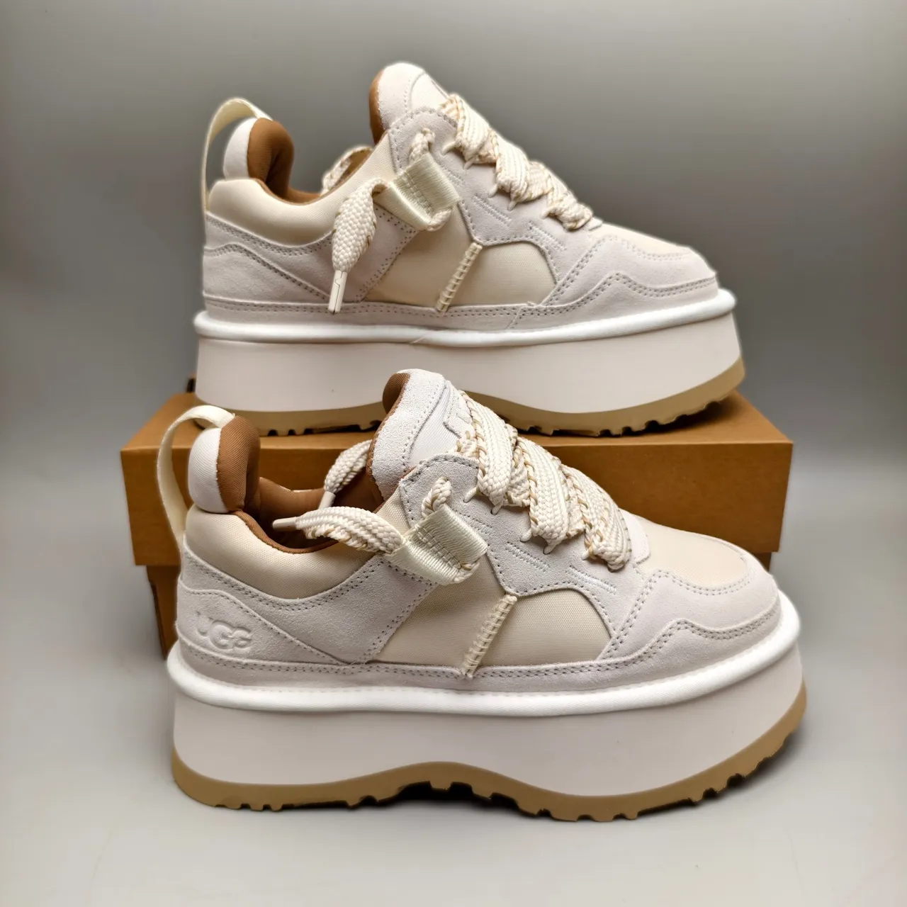 Beige Brown Platform Sole Mixed Suede-Mesh Upper Sneakers 5