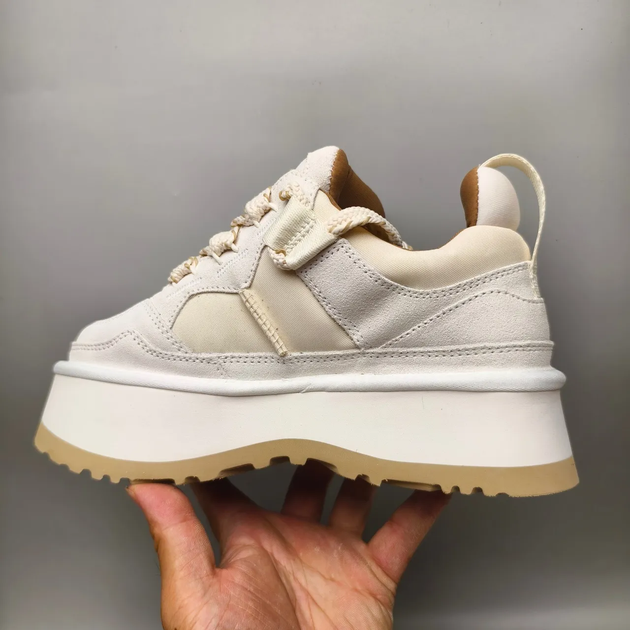 Beige Brown Platform Sole Mixed Suede-Mesh Upper Sneakers 7