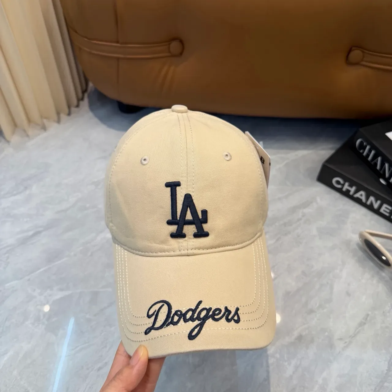 Beige Dodgers Embroidered Logo Baseball Cap 9
