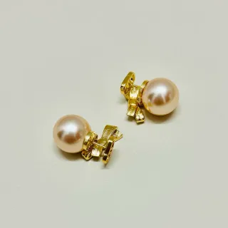 Beige Gold Pearl Stud Bow Accent Earrings