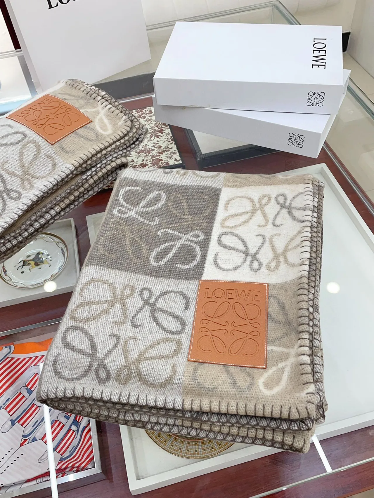 Beige Gray Checkered Grid Pattern Tonal Monogram Motif Scarve 4