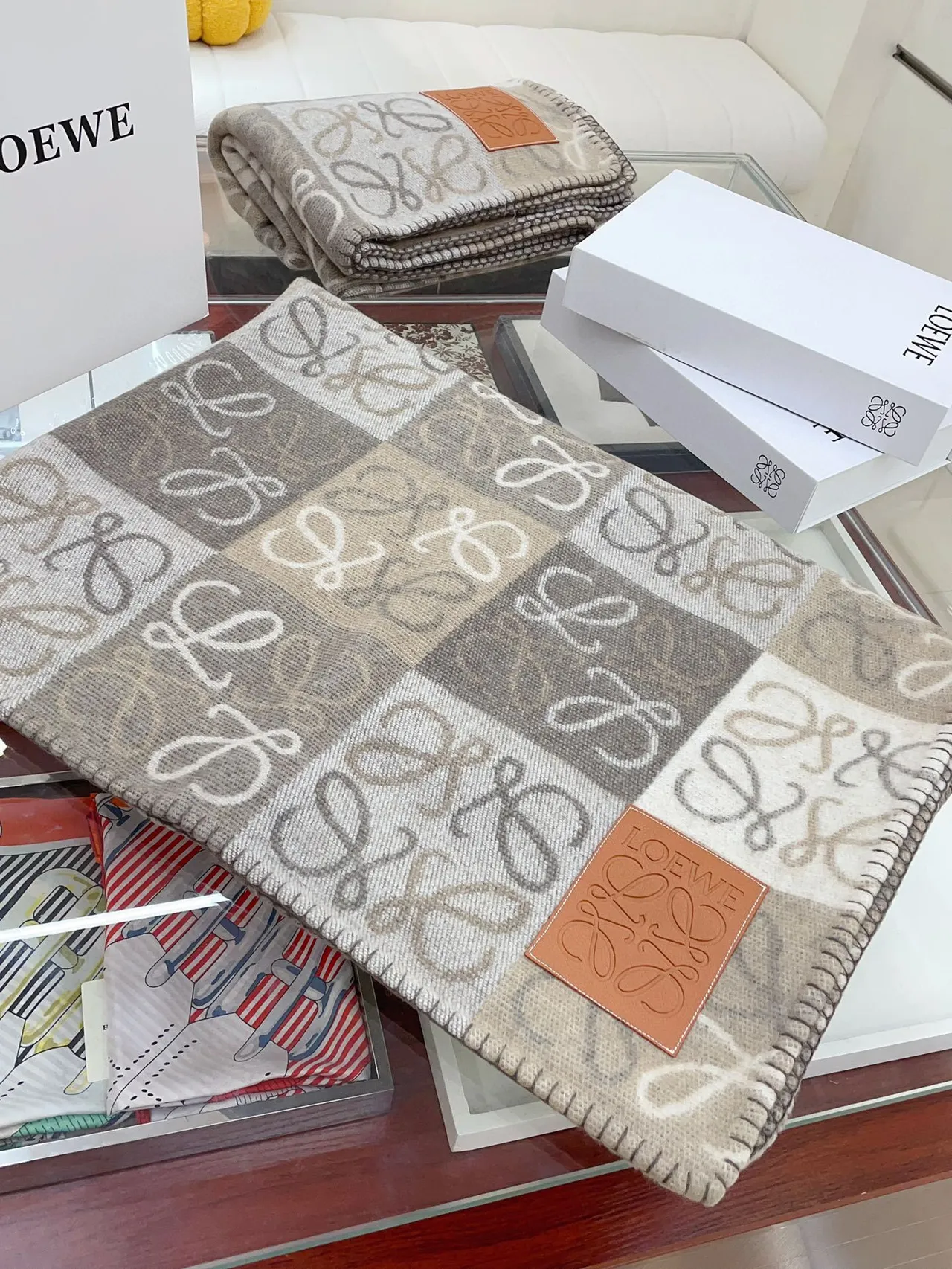 Beige Gray Checkered Grid Pattern Tonal Monogram Motif Scarve 5