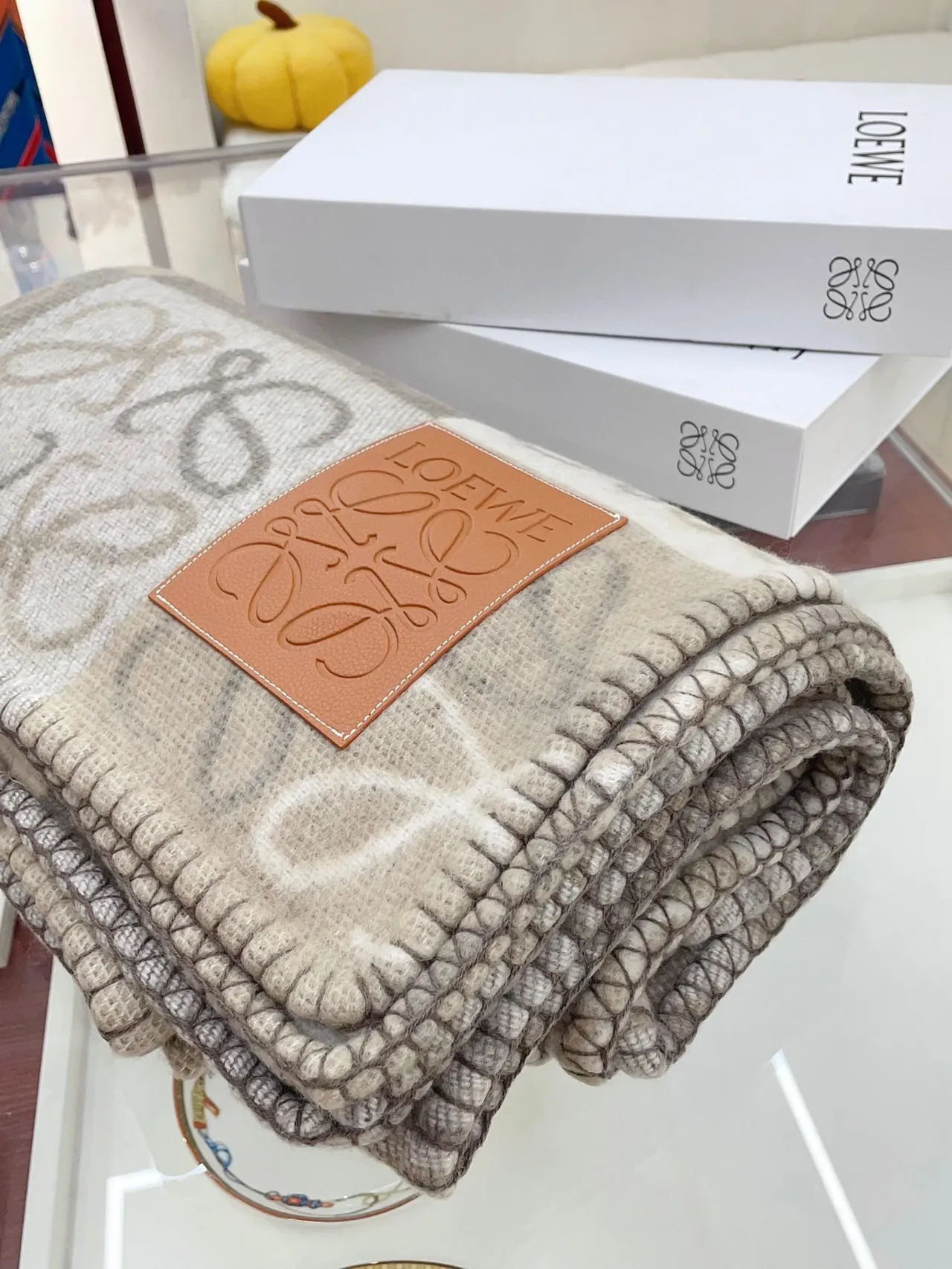 Beige Gray Checkered Grid Pattern Tonal Monogram Motif Scarve 6