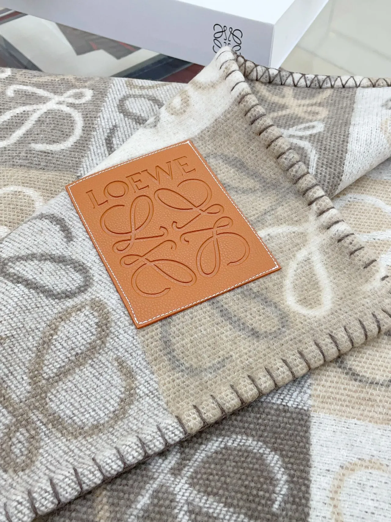 Beige Gray Checkered Grid Pattern Tonal Monogram Motif Scarve 7