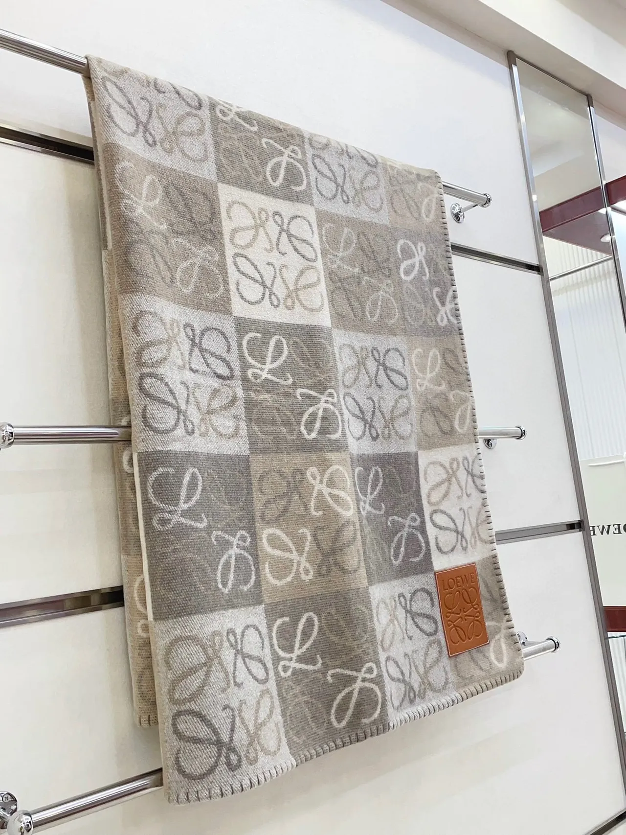Beige Gray Checkered Grid Pattern Tonal Monogram Motif Scarve 9