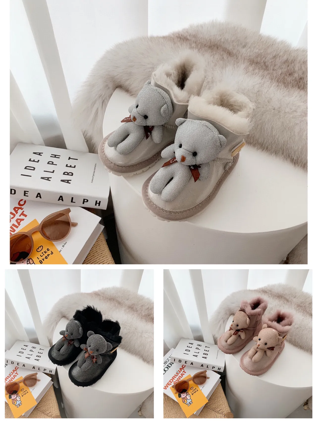 Botas de nieve beige gris forradas de peluche con charm de oso de peluche 2