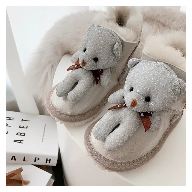 Botas de nieve beige gris forradas de peluche con charm de oso de peluche 8