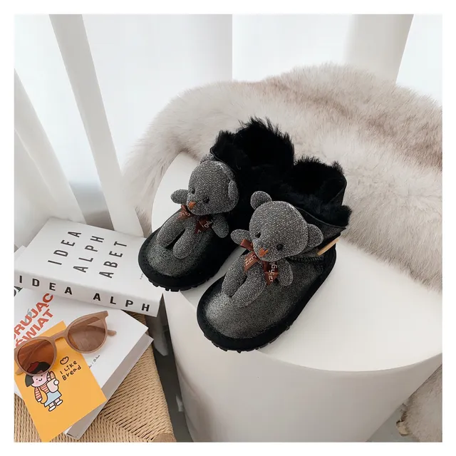 Botas de nieve beige gris forradas de peluche con charm de oso de peluche 10