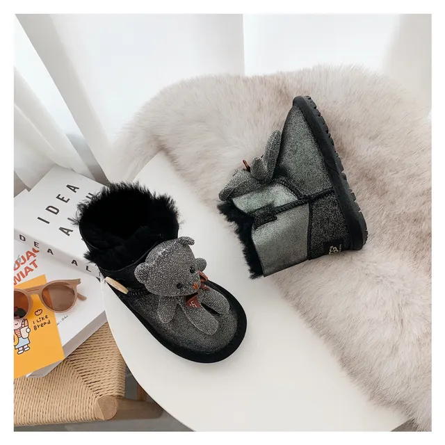 Botas de nieve beige gris forradas de peluche con charm de oso de peluche 11