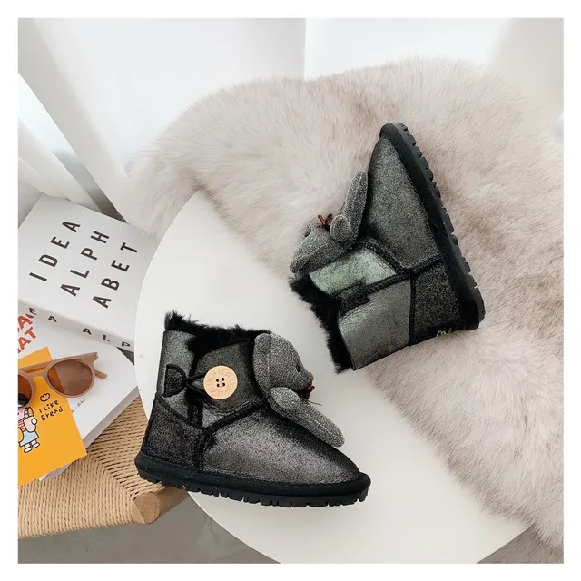 Botas de nieve beige gris forradas de peluche con charm de oso de peluche 12